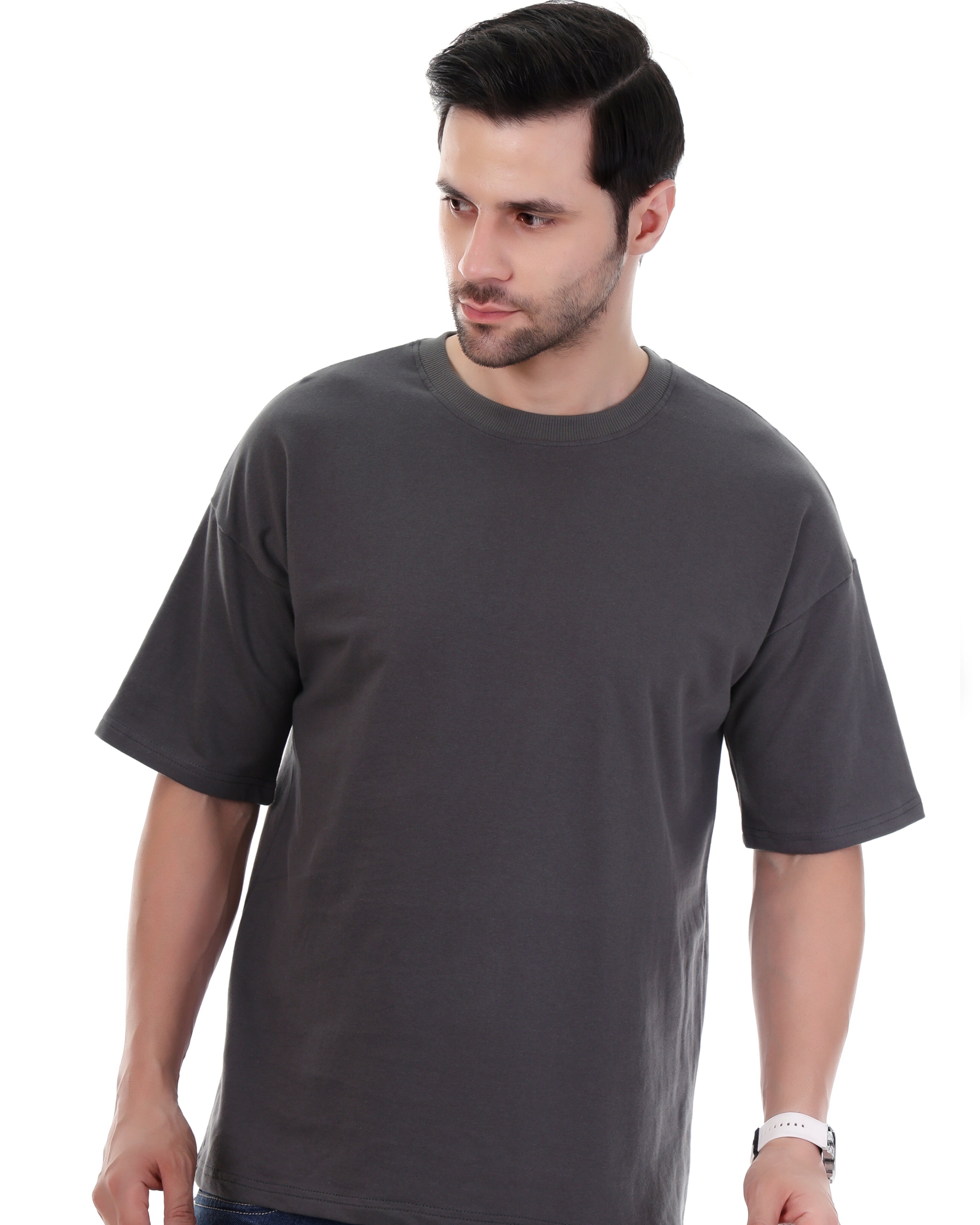 Men Solid Crew Neck Pure Cotton Gray  Oversize  T-Shirt